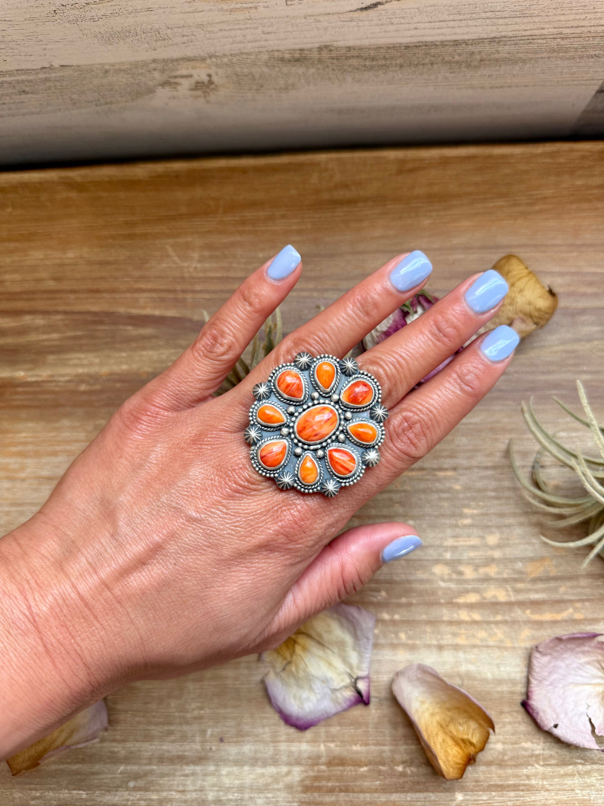 Sterling Silver Orange Spiny Oyster Cluster Ring – Size 9 – Artist Shay Pfeiffer