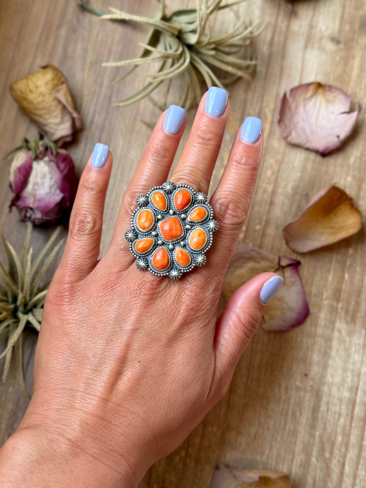 Sterling Silver Orange Spiny Oyster Mosaic Cluster Ring Size 7.5, Artist Shay Pfeiffer