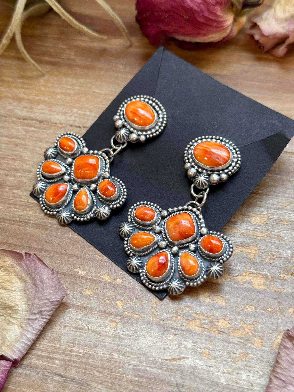 Sterling Silver Orange Spiny Oyster Half Cluster Dangle Earrings – Artist Shay Pfeiffer