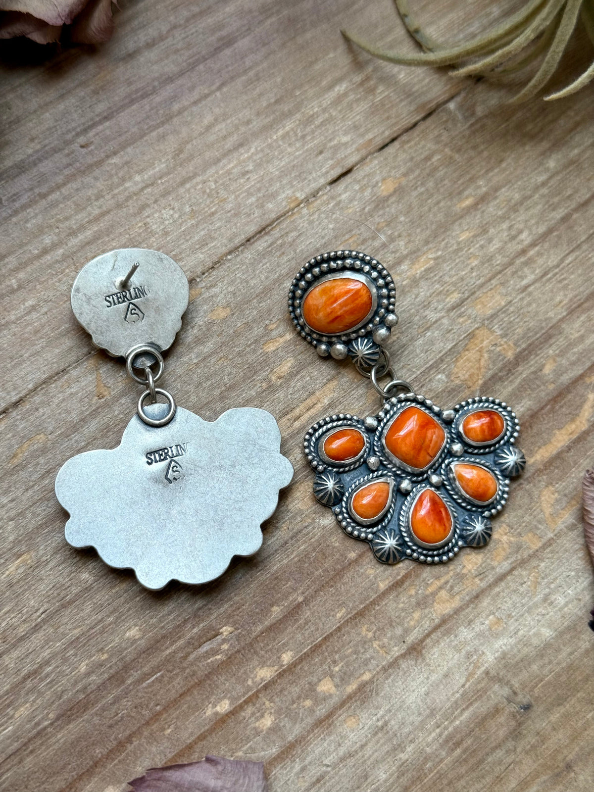 Sterling Silver Orange Spiny Oyster Half Cluster Dangle Earrings – Artist Shay Pfeiffer