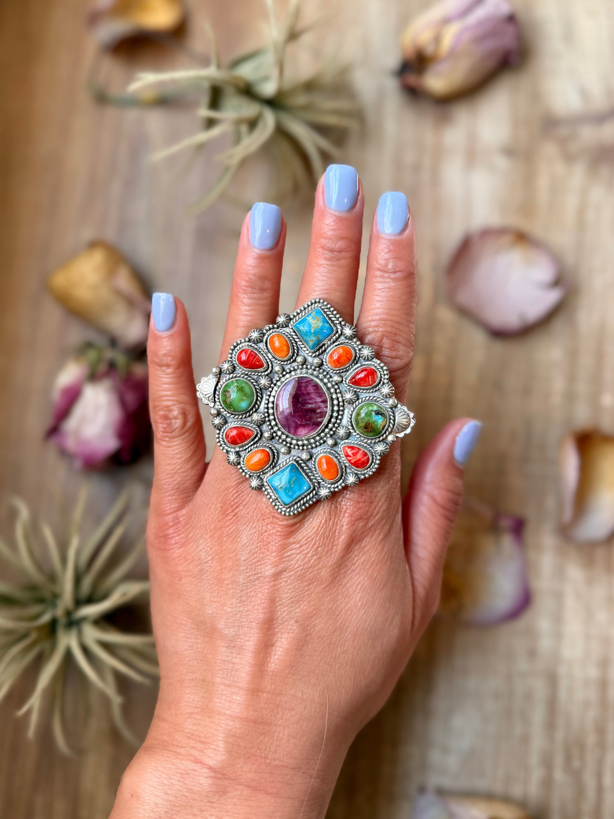 Mosaic Cluster Ring – Sterling Silver – Sonoran Mountain, Blue Ridge Turquoise & Spiny Oyster – Size 9 – Artist Shay Pfeiffer
