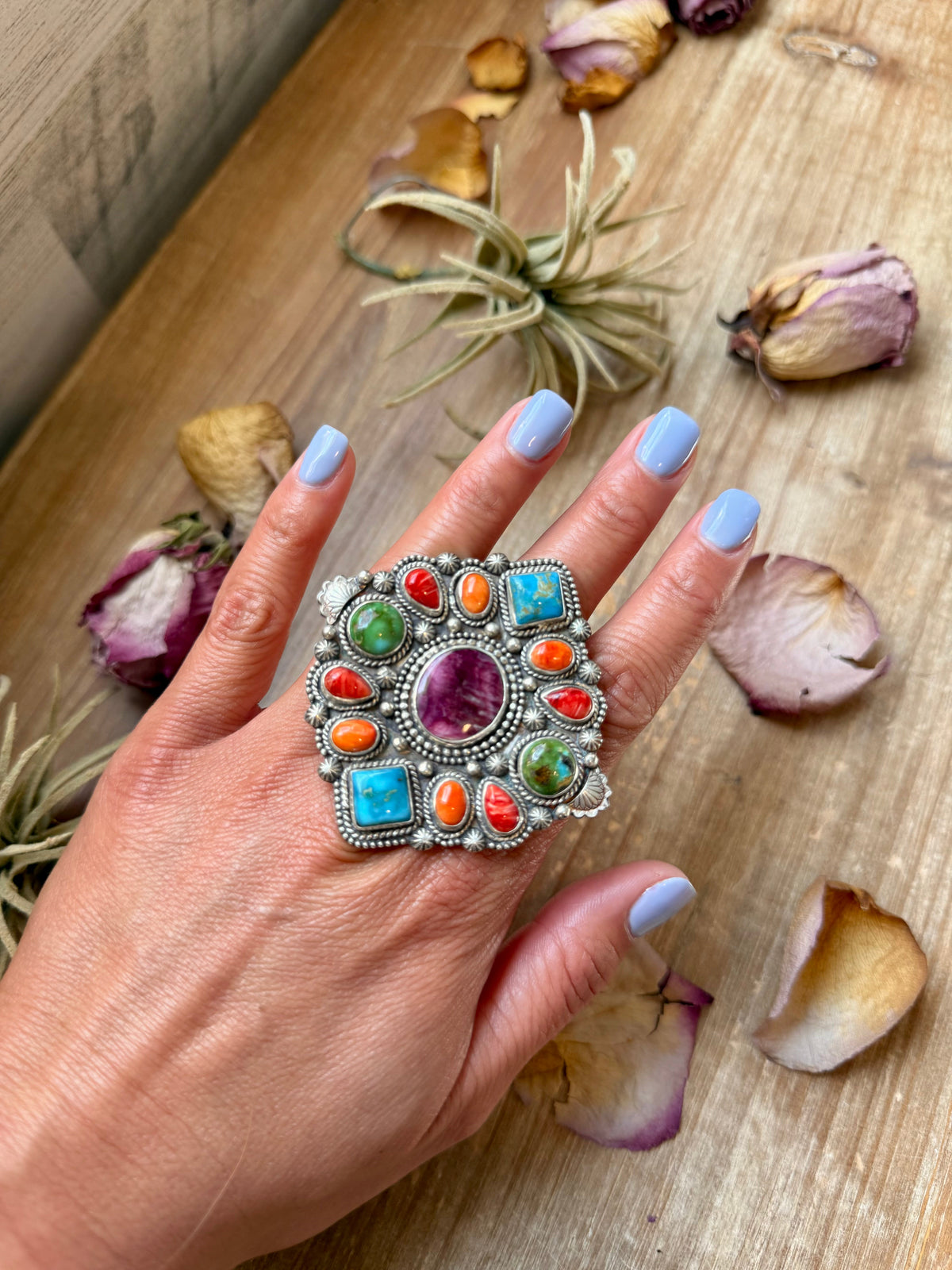 Mosaic Cluster Ring – Sterling Silver – Sonoran Mountain, Blue Ridge Turquoise & Spiny Oyster – Size 9 – Artist Shay Pfeiffer