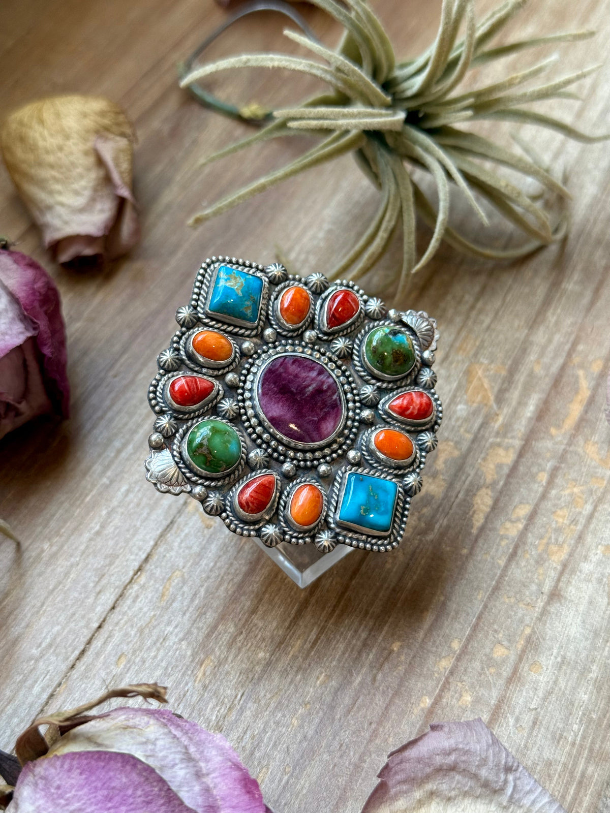 Mosaic Cluster Ring – Sterling Silver – Sonoran Mountain, Blue Ridge Turquoise & Spiny Oyster – Size 9 – Artist Shay Pfeiffer